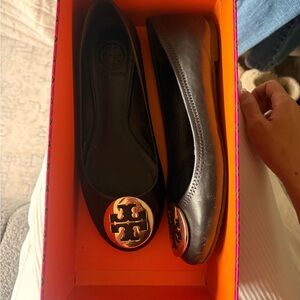 Tory Burch Black Leather Flats with Gold Logo